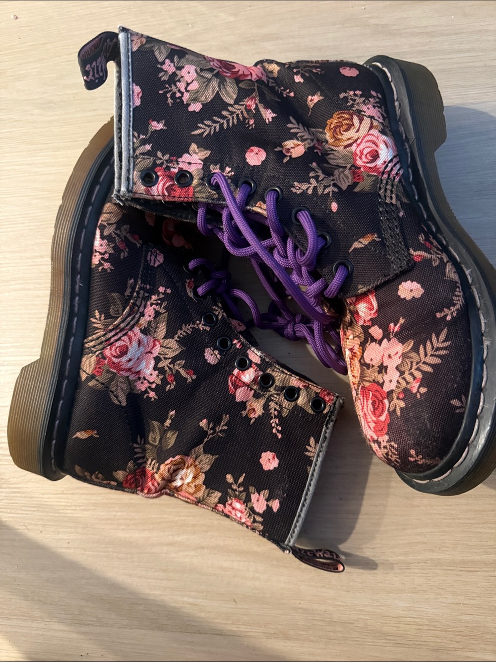 Dr. Martens Black Floral Lace-Up Boots with Purple Laces